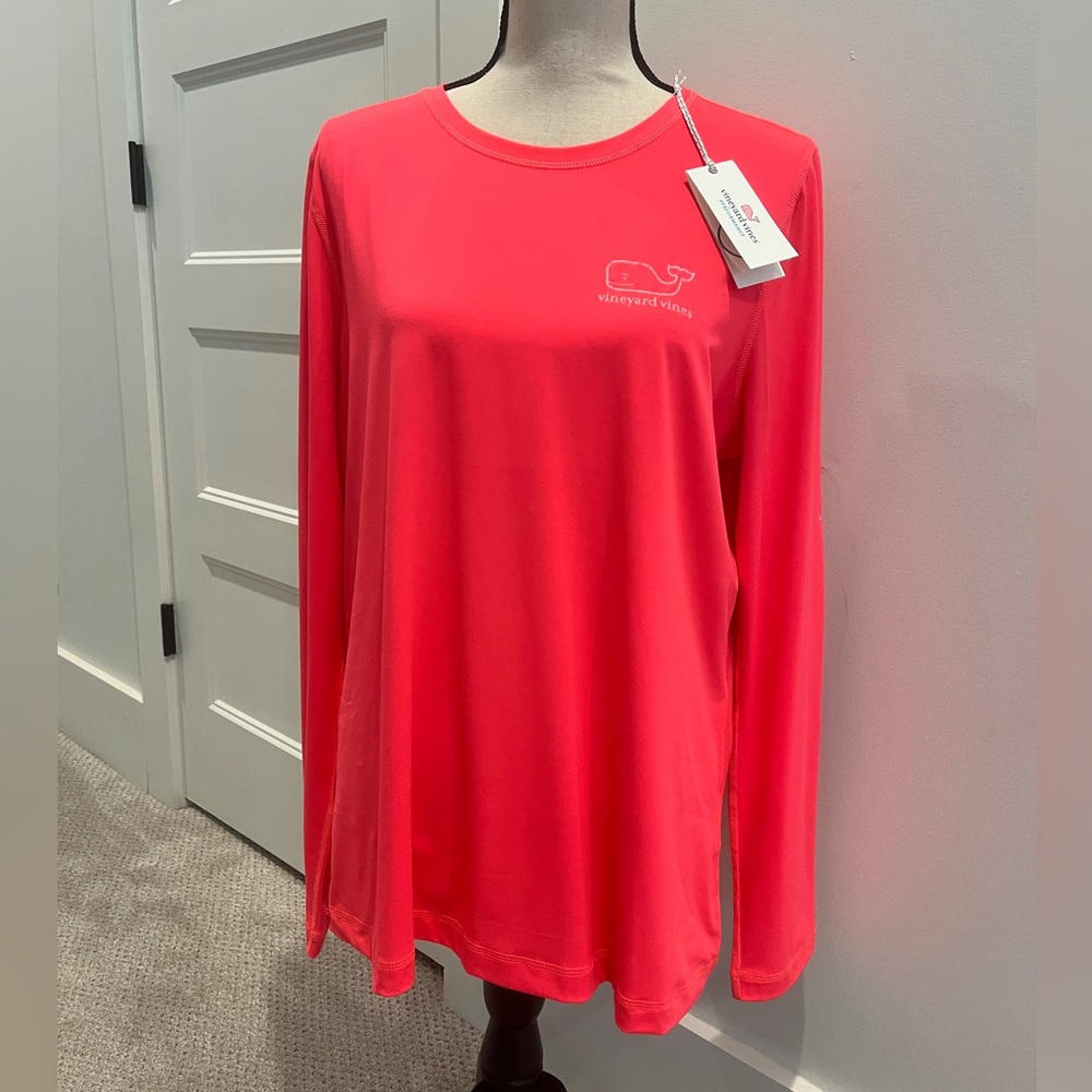 Vineyard Vines Women's Neon Coral Long Sleeve Whale Swim Shirt